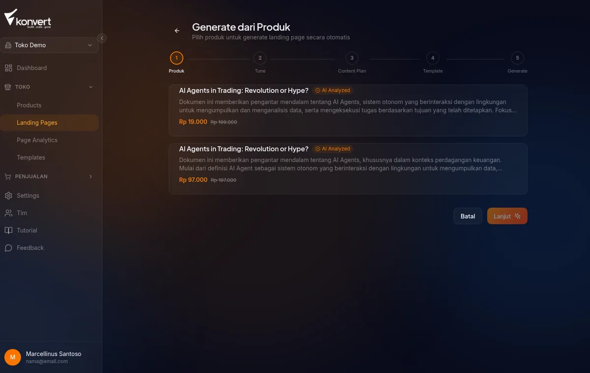 Step 1 Pilih Produk: grid kartu produk