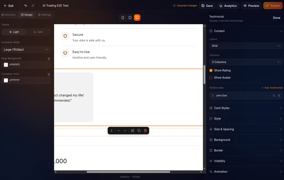 panel kiri tab Design — theme toggle light/dark/custom, color swatches