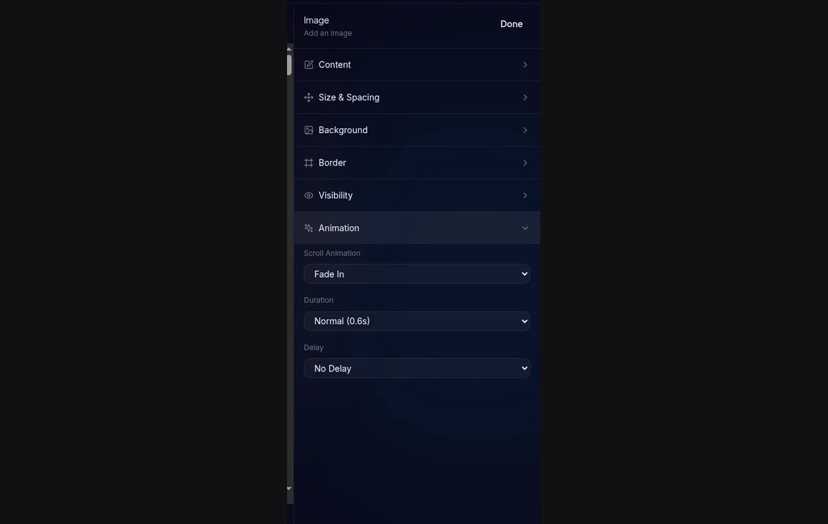 section Animation di tab Style — dropdown Type, slider Duration, slider Delay
