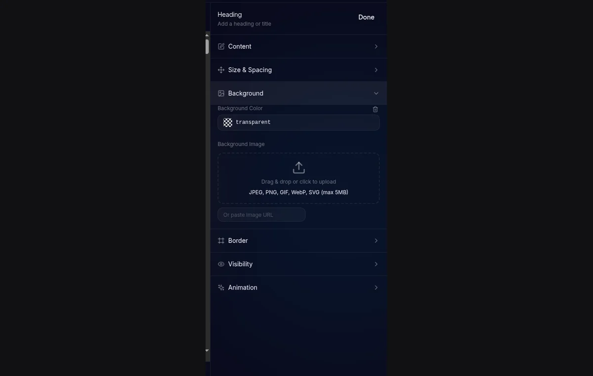 section Background di tab Style — tabs: Color, Gradient, Image