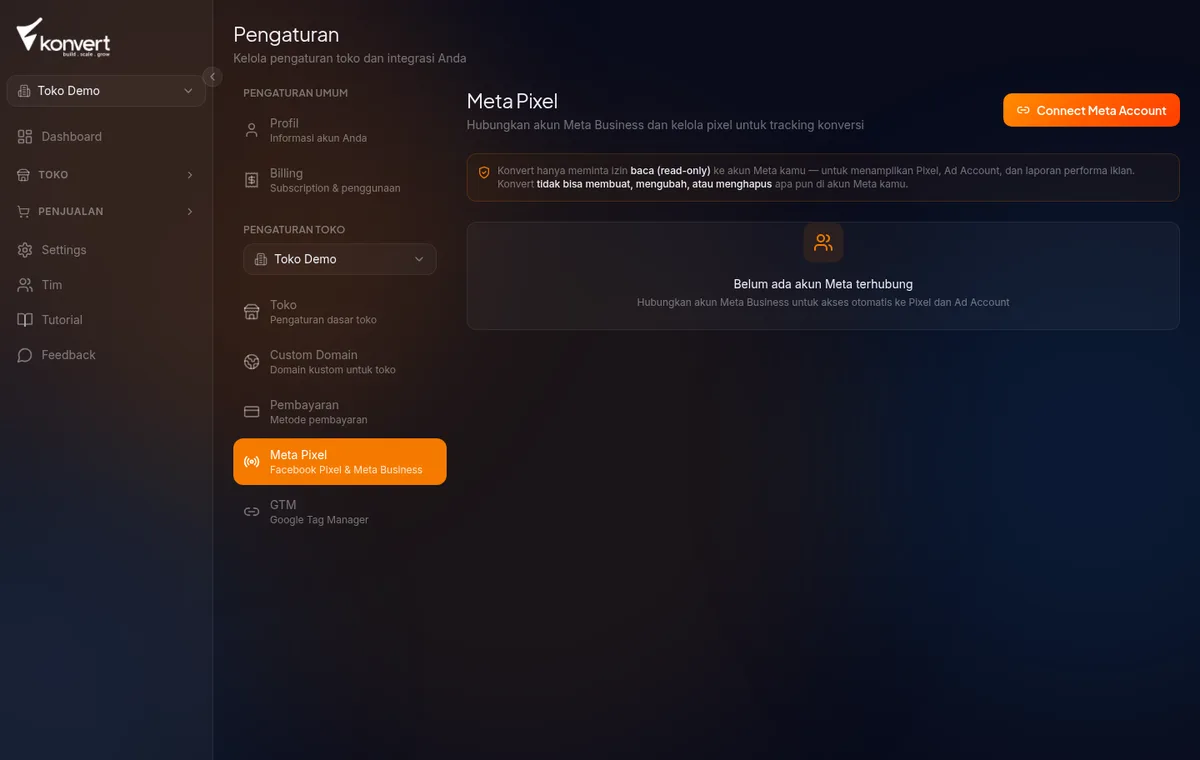 halaman /settings/meta dengan tombol "Hubungkan Meta" di pojok kanan atas dan daftar koneksi kosong