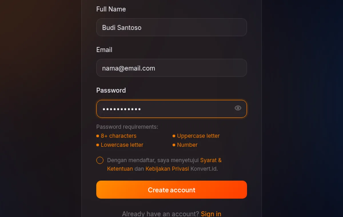 Formulir pendaftaran diisi — indikator password semua syarat terpenuhi