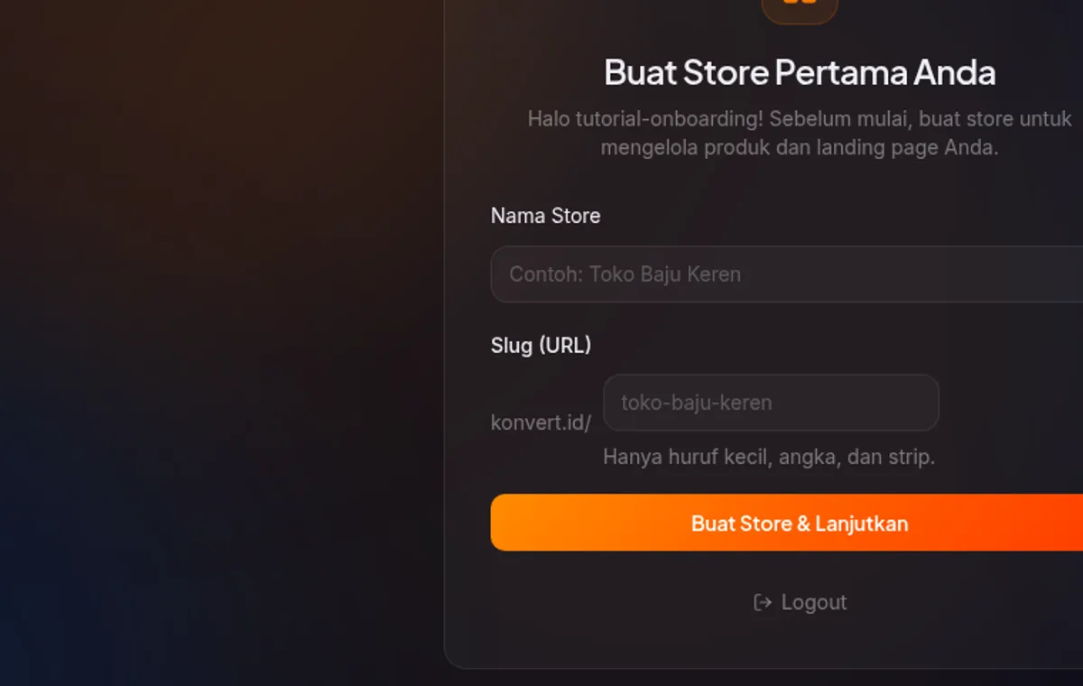 Halaman onboarding create store — field nama toko dan field slug terisi