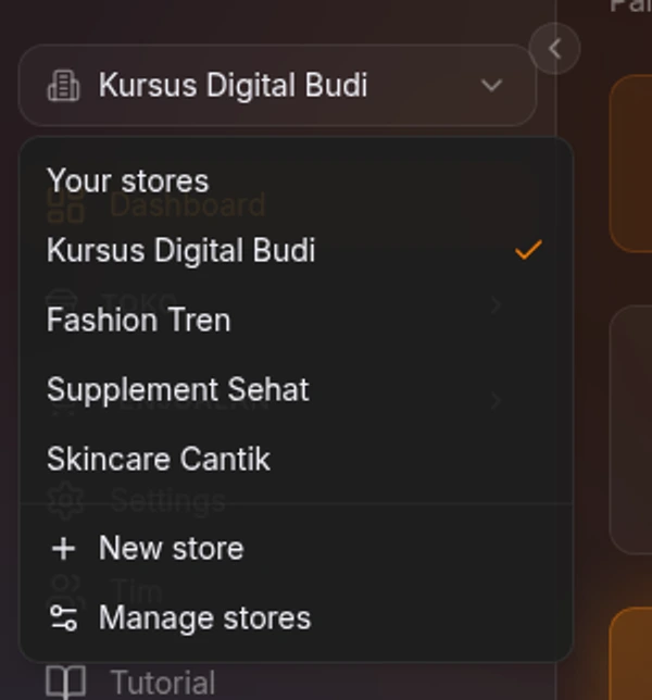 Dropdown toko setelah toko baru dibuat — muncul dalam daftar, nama toko aktif