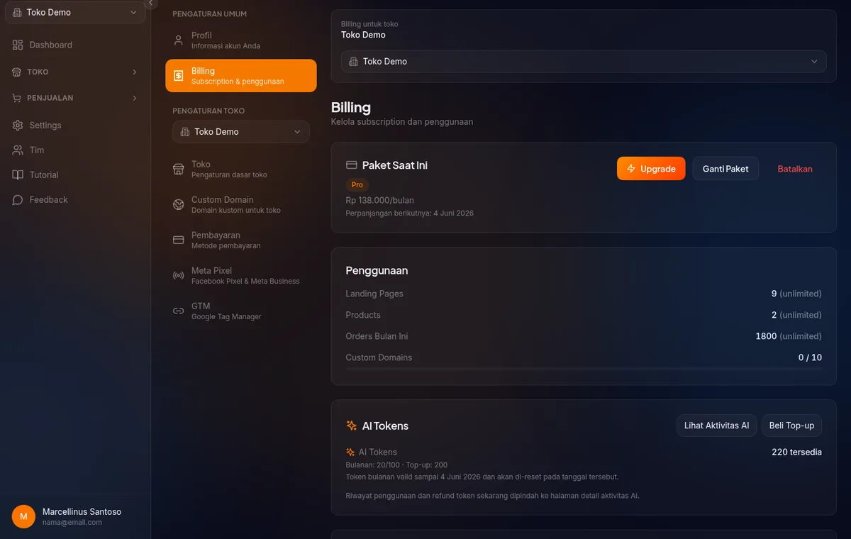 Section "Pilih Paket Token" — daftar card pack token yang tersedia