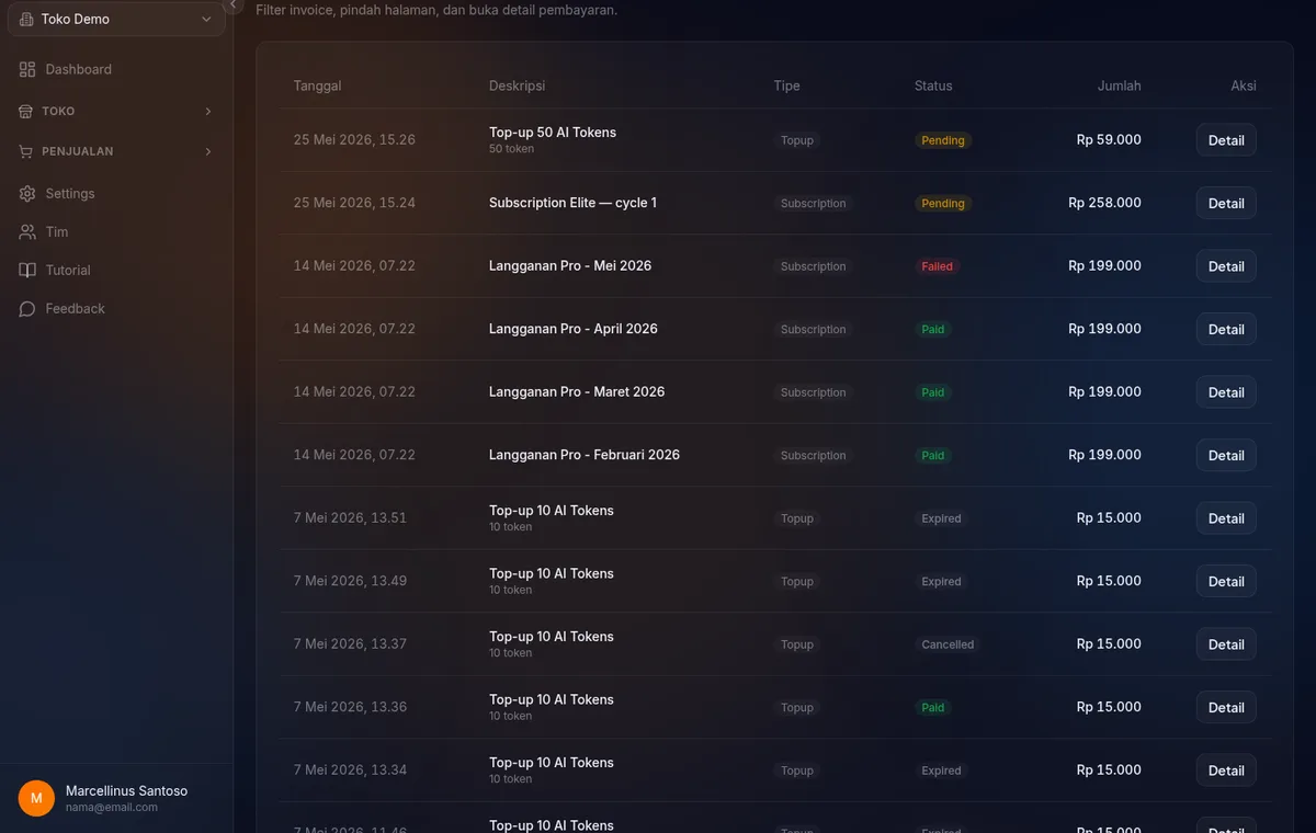 tampilan instruksi pembayaran sesuai metode yang dipilih — total pembayaran dan nomor invoice terlihat