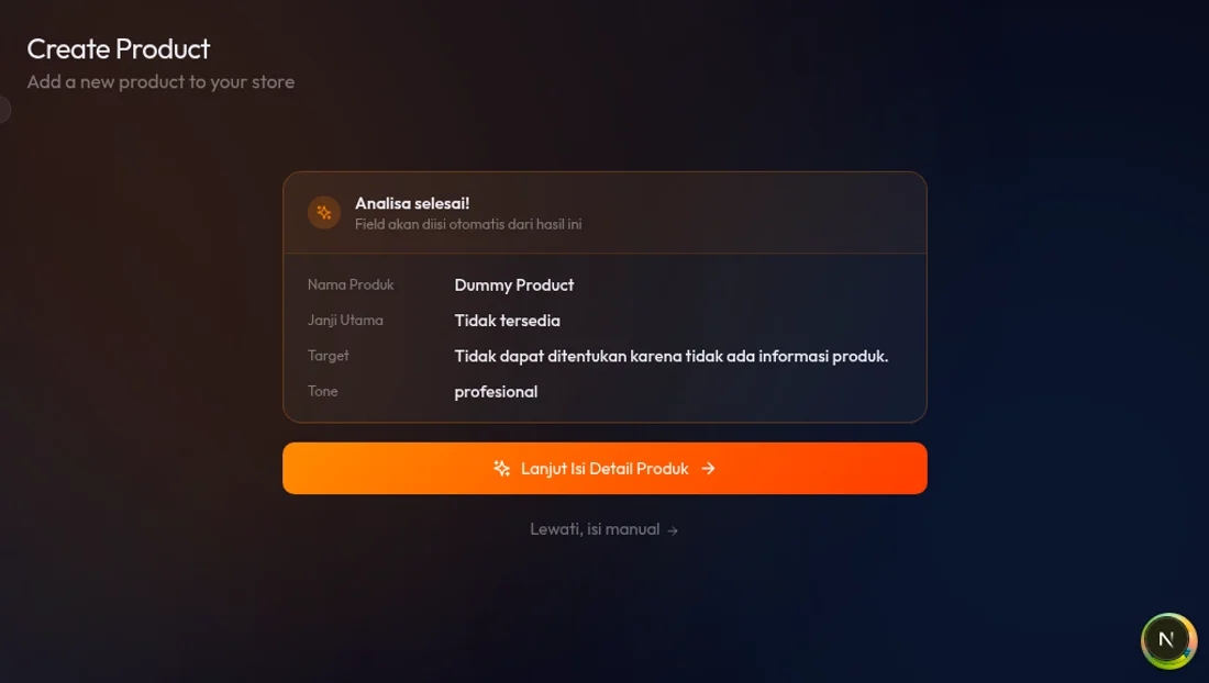 Kartu hasil analisis AI: Nama Produk, Janji, Target, Tone