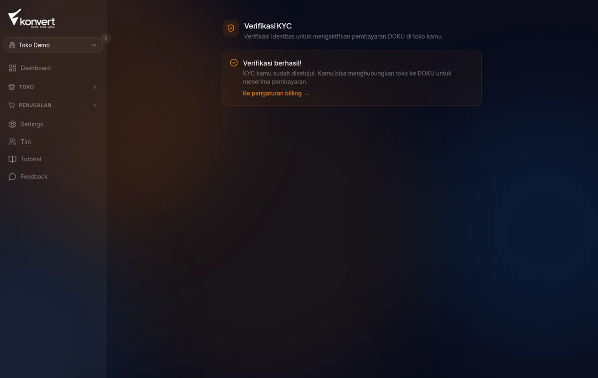 Status verified badge card verifikasi berhasil di halaman kyc dengan teks kyc kamu s