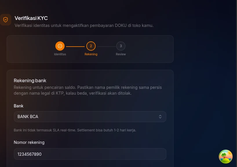 wizard step 2 rekening — dropdown bank dengan grup "Prioritas", field nomor rekening dan nama pemilik, serta warning kuning nama harus sama dengan KTP
